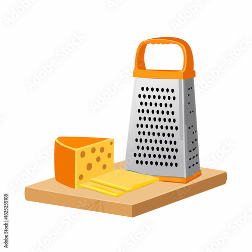Cheese grater and cheese block on a wooden board.