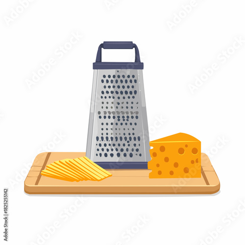 Cheese Grater and Cheese Block on Wooden Board.
