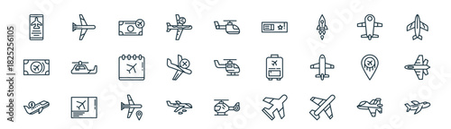 modern linear aircraft icon set. vector thin line outline symbols for ui/ux app and web interfaces. minimal stroke collection including aircraft, aircraft, ticket, helicopter,