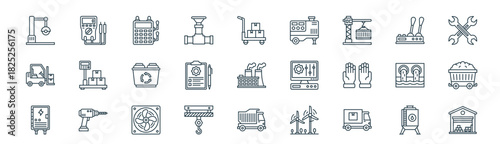 modern linear factory icon set. vector thin line outline symbols for ui/ux app and web interfaces. minimal stroke collection including water tank, meter, controller, control lever, processing, coal,