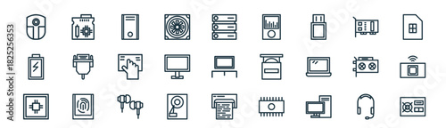 modern linear computer icon set. vector thin line outline symbols for ui/ux app and web interfaces. minimal stroke collection including head, motherboard, cpu, vga, computer, router, printer,