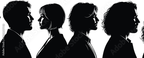 Multiple side view head profiles of men and women with diverse hairstyles vector silhouette collection adult identity concept for graphic design assets