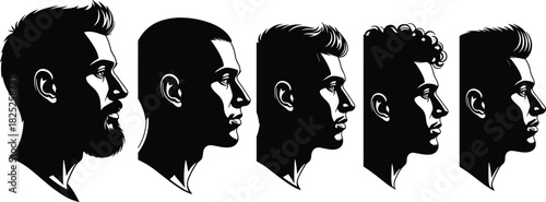 Set of diverse men's head profiles silhouette vector illustration collection featuring various short hairstyles beards and facial features for identity concepts
