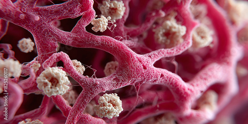 Close-up microscopic view of blood vessels and cells, illustrating biological and medical concepts in detail