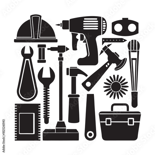 Set Of Construction hardware industrial tools silhouette vector art file-10