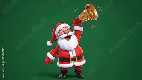3D cartoon Santa Claus ringing bell on green background.