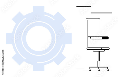 Office chair with armrests on wheels next to large gear icon. Ideal for workplace design, comfort, productivity, efficiency, innovation, teamwork, project management, and simple flat metaphor