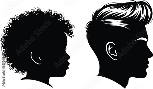 Side view profiles of a young child with curly hair and a man with trendy undercut hairstyle black silhouette vector illustration set diversity concept
