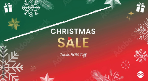 Christmas Sale Promotional Banner with Festive Holiday Decorations.