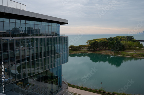 Kellogg School of Management building in northwestern university evanston with view of downtown chicago