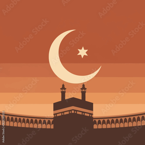 Kaaba Silhouette with Crescent Moon Islamic Background