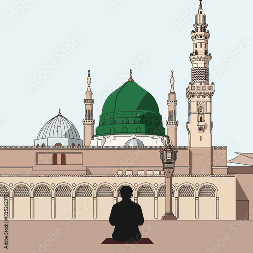 Muslim Man Praying in Front of Prophet Mosque Madinah Green Dome
