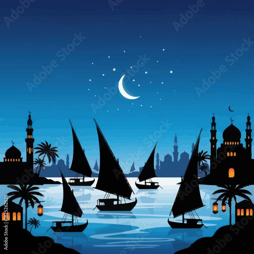 Traditional Dhow Boats Sailing at Night with Islamic City Silhouette