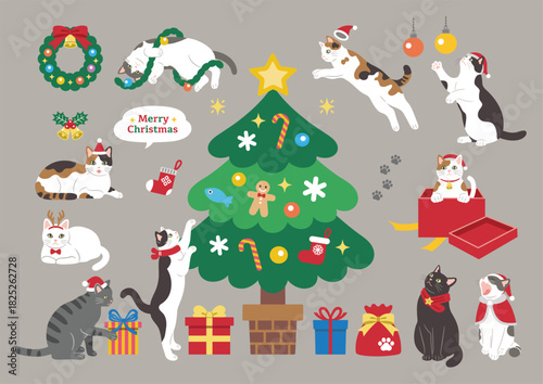 クリスマスを楽しむかわいい猫のイラスト