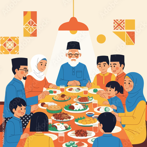 Large Southeast Asian Muslim Family Enjoying Iftar Dinner Together