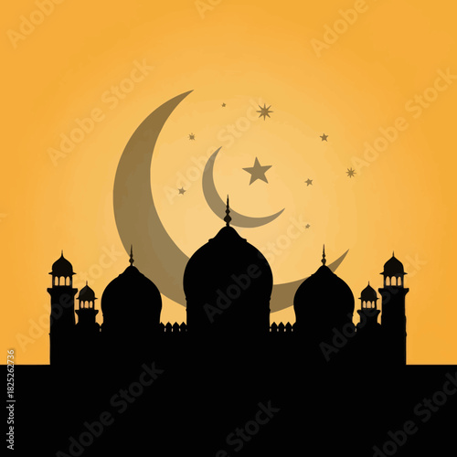 Islamic Mosque Silhouette with Double Crescent Moon and Stars on Orange Background