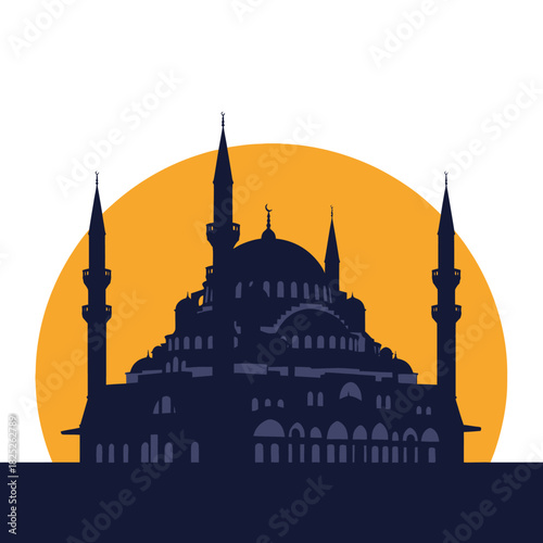 Majestic Mosque Silhouette Against Orange Sunset Background