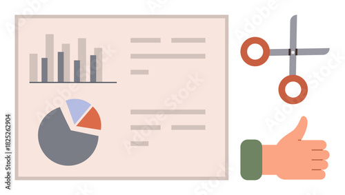 Bar graph, pie chart, and text on document, scissors symbolizing creativity, and hand showing approval. Ideal for analytics, teamwork, feedback, collaboration productivity creativity