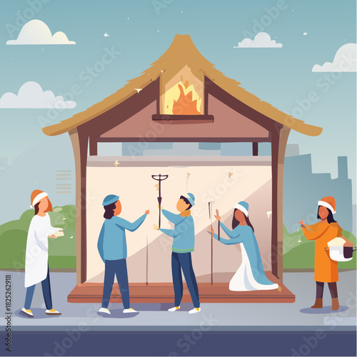 Volunteers in festive winter hats collaboratively assemble a traditional Christmas nativity scene display on a city sidewalk