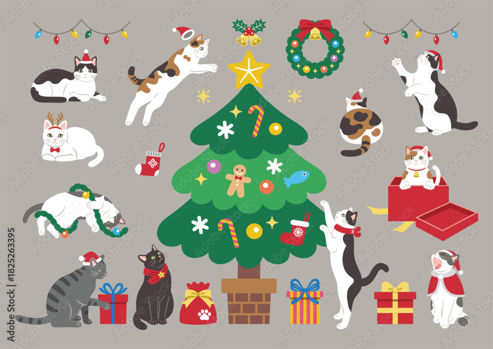 Fototapeta premium クリスマスを楽しむかわいい猫のイラスト