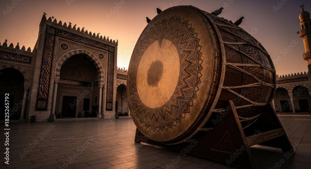 Fototapeta premium Traditional Drum in Mosque Courtyard at Sunset