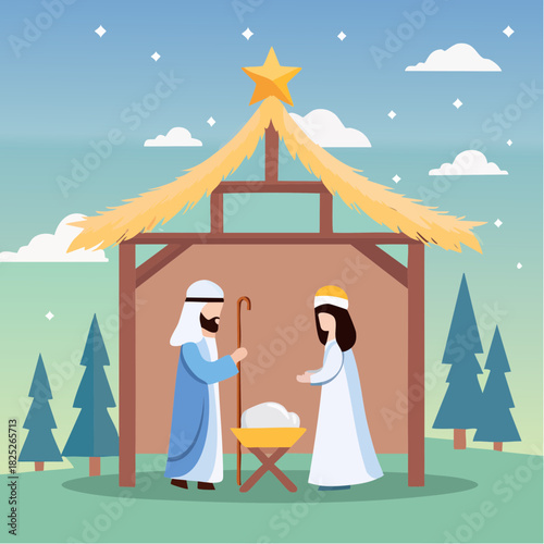 Flat illustration of a stylized nativity scene with Mary and Joseph tending to baby Jesus in a manger, set against a backdrop of trees and a starry sky