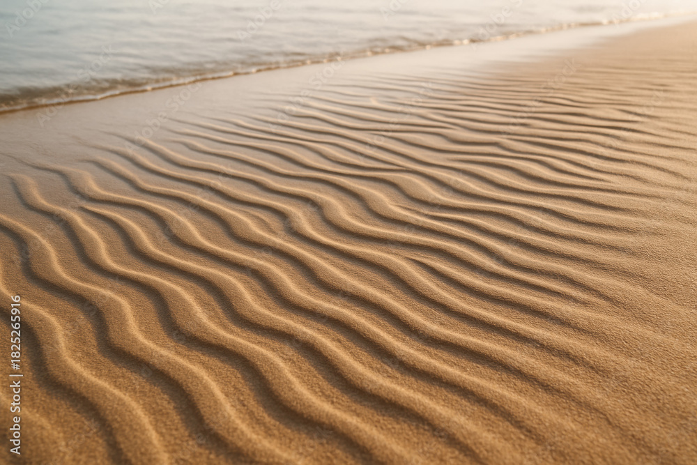 Fototapeta premium Sandy beach texture with water gently lapping the shore at sunset
