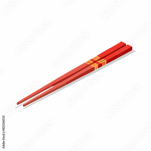 Red chopsticks with golden detail – isometric kitchen utensil illustration