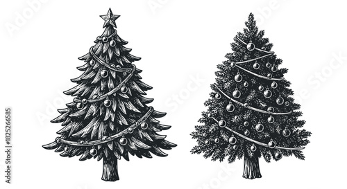 Woodcut style christmas tree silhouette with handcrafted carving look