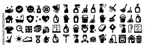Cleaning and hygiene icon set with household cleaning tools, detergents, sprays, gloves, brushes and sanitation symbols