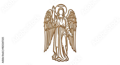 Outline of an angel with one hand raised rendered in warm earth tones on a white background