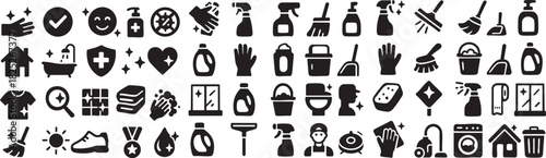 Cleaning and hygiene icon set with household cleaning tools, detergents, sprays, gloves, brushes and sanitation symbols