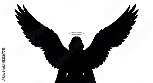 Elegant angel silhouette with outstretched wings on a clean white background