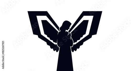 Elegant angel silhouette with layered wings on white background