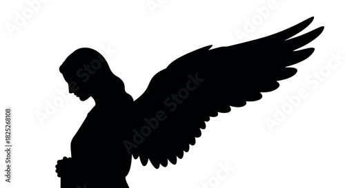Elegant angel silhouette with a single outstretched wing on a clean white background