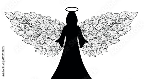 Elegant angel silhouette with delicate leaf shaped wings