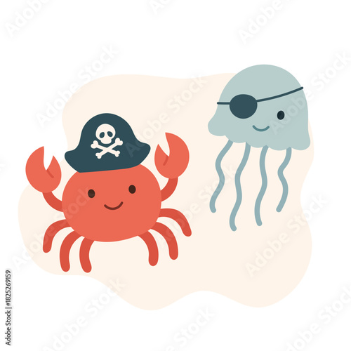 A Fun and Playful Illustration Featuring a Pirate Crab with a Hat and a Jellyfish with an Eye Patch, Perfect for Children's Themes