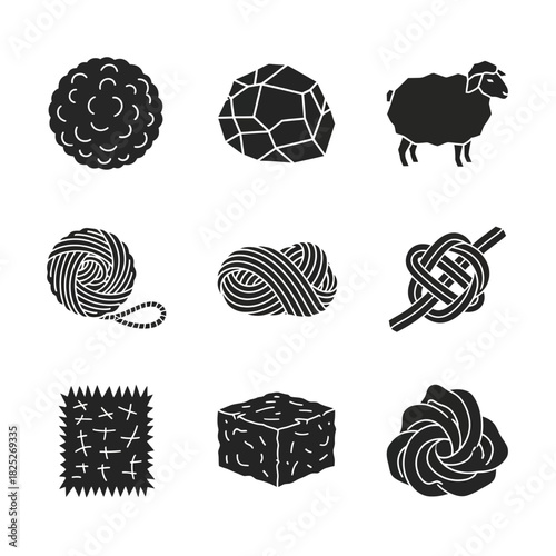 A curated selection of yarn balls, wool knots, and thread patterns