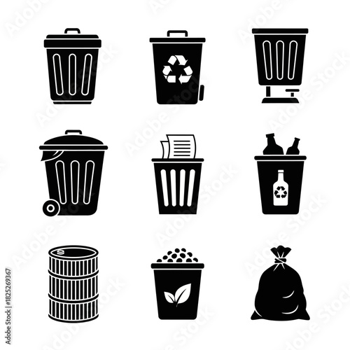 Garbage and Recycling Bin Icons with Waste Containers, Trash Bags, and Paper Disposal Symbols