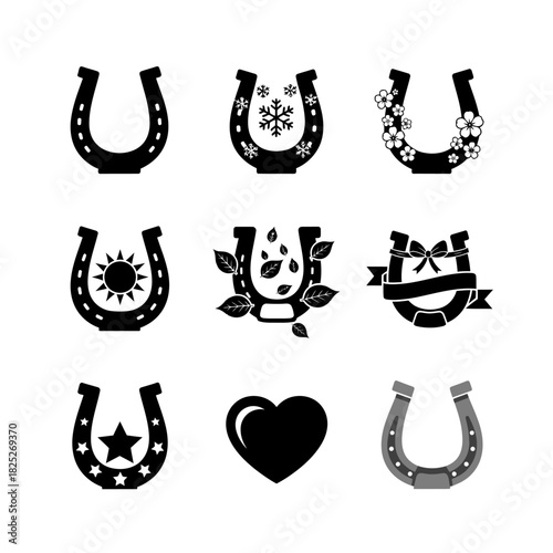 A creative grouping of horseshoes blended with hearts, patterns, and stylized accents