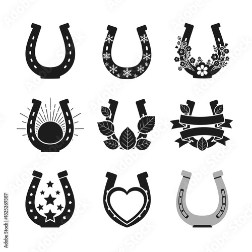 A set of decorative horseshoe icons showcasing various patterns, shapes, and lucky charm