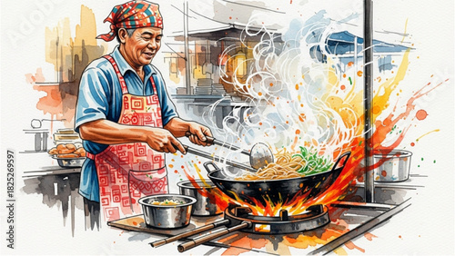 Warm Watercolor Art of Street Food Vendor Preparing Meal with Expressive Splashes