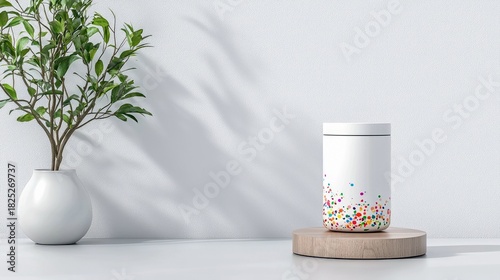 A white cylindrical container with a colorful confetti pattern sits on a wooden display stand. To its left, a green plant in a white vase adds a touch of nature