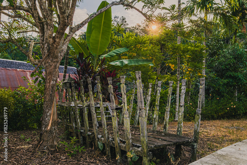 Traditional wooden sculptures near Lamin Mancong longhouse, West Kutai, Indonesia