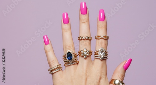 Hand with rings pink nails pastel background