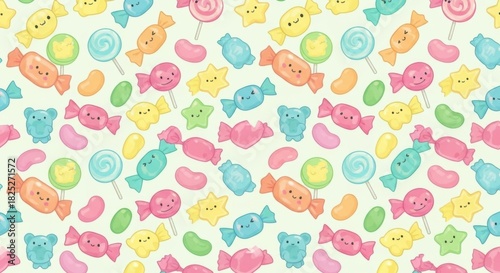 Colorful Candy Pattern Featuring Multicolored Sweets and Whimsical Confections