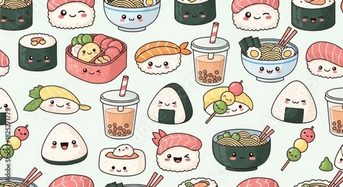 Adorable and colorful collection of cute sushi and snack characters in a playful pattern design