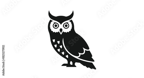 A stylized black silhouette of an owl with prominent ear tufts and large eyes, standing on a white background, representing wisdom and mystery.