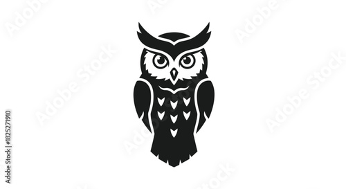 Stylized black and white illustration of an owl with prominent eyes and pointed ear tufts, standing upright on a plain background.
