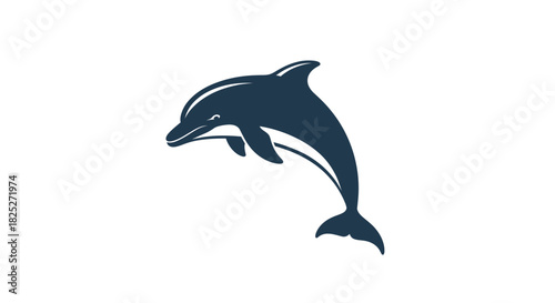 A stylized dark blue dolphin is captured mid-air, gracefully jumping against a pristine white background, showcasing its sleek form and dynamic movement.